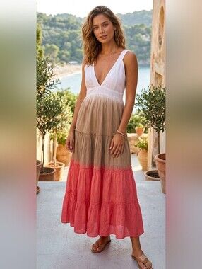 AREA Colorblock V-Neck Maxi Dress in White, Taupe & Coral